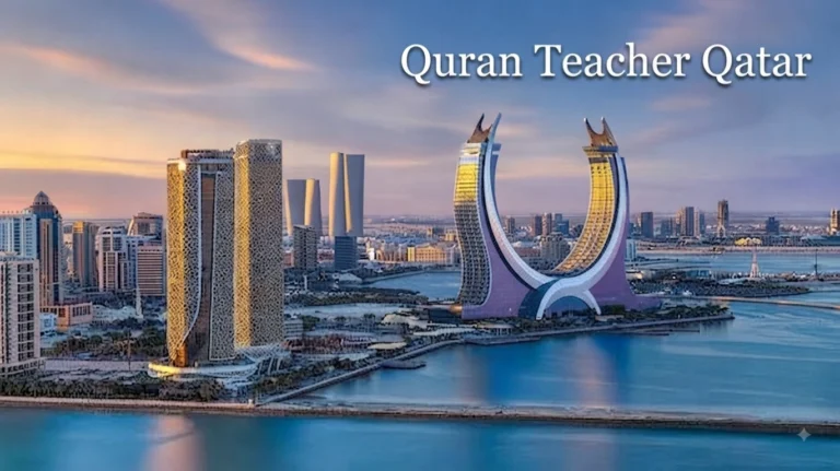 Online Quran teacher in Qatar, showcasing the Doha skyline to represent local Islamic education services.
