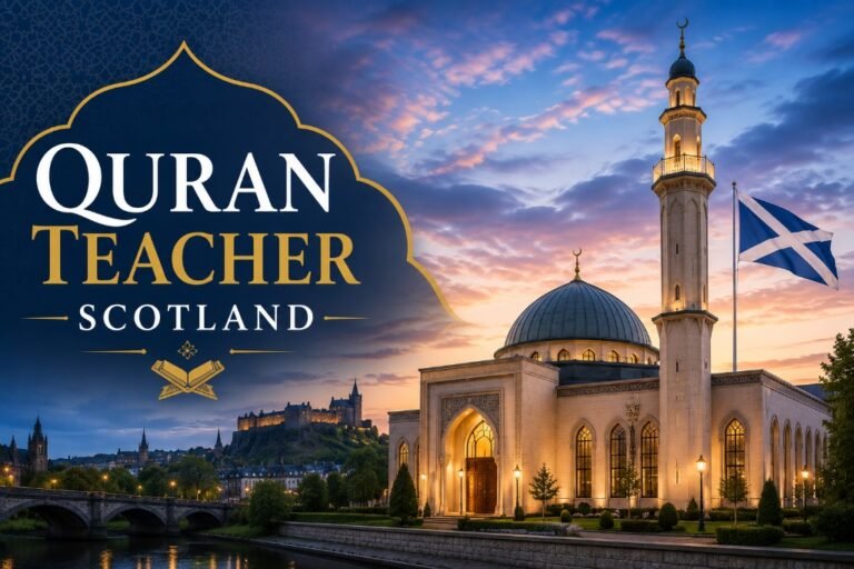 Quran Teacher Scotland with a beautiful mosque, Scottish flag, and Edinburgh-inspired cityscape at sunset