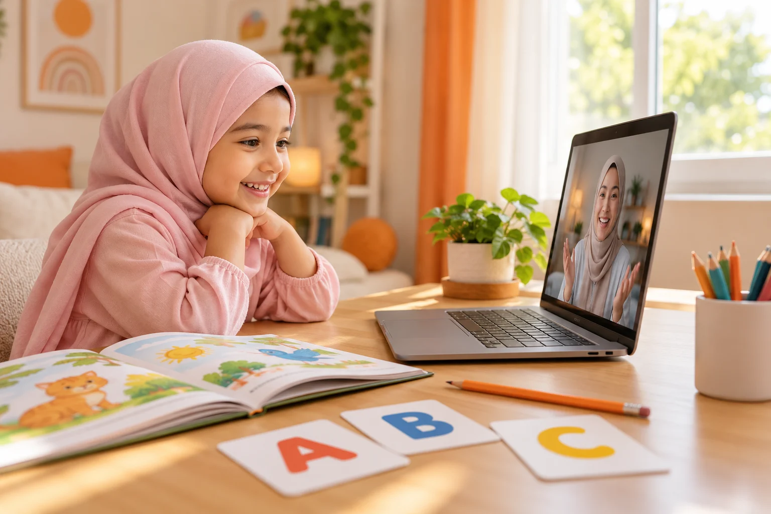 Girl in a pink hijab smiling during a live one-on-one online English class with her teacher on a laptop
