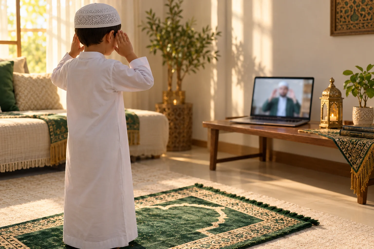 Child raising hands for Takbeer to start Salah during a live online Islamic studies class